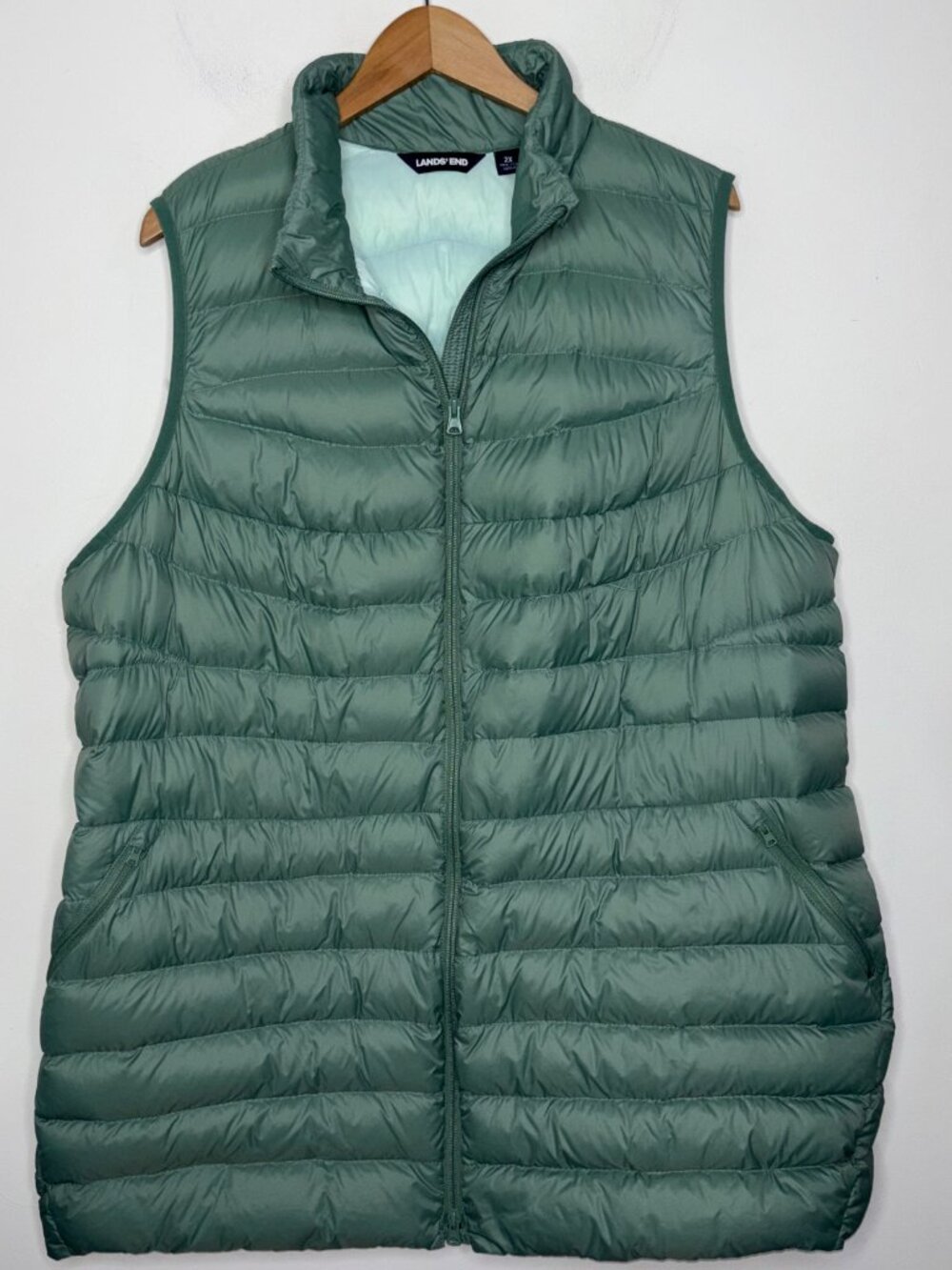 Lands End Womens 2X Long Down Puffer Vest Lightweight Quilted 20W-22W Mint Green